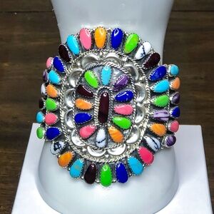 Native American Navajo Petit Point Gemstone and Sterling Silver Handcrafted Cuff